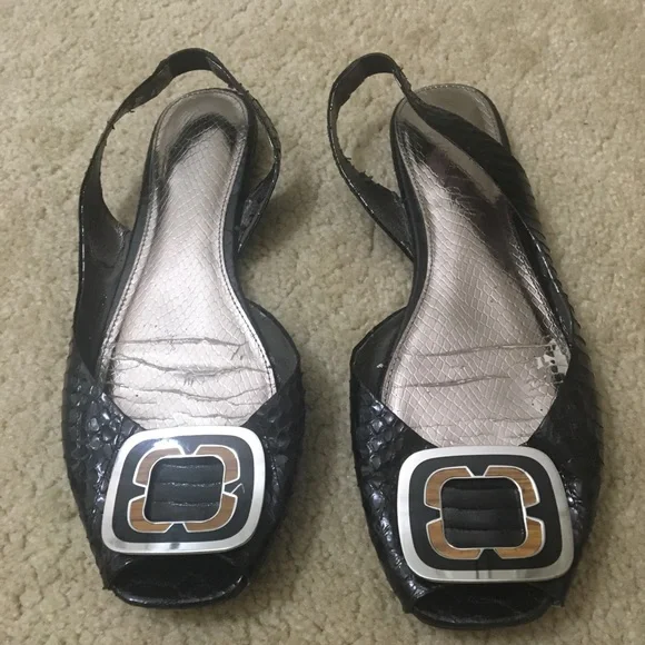 Sam Edelman Erica Flats Peep Toe Snakeskin Embossed Leather Slingback Black - Picture 13 of 13